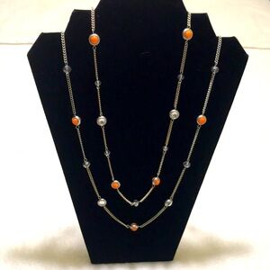 | EUC Loft Double Strand Orange & Crystal Silver Chain Necklace…